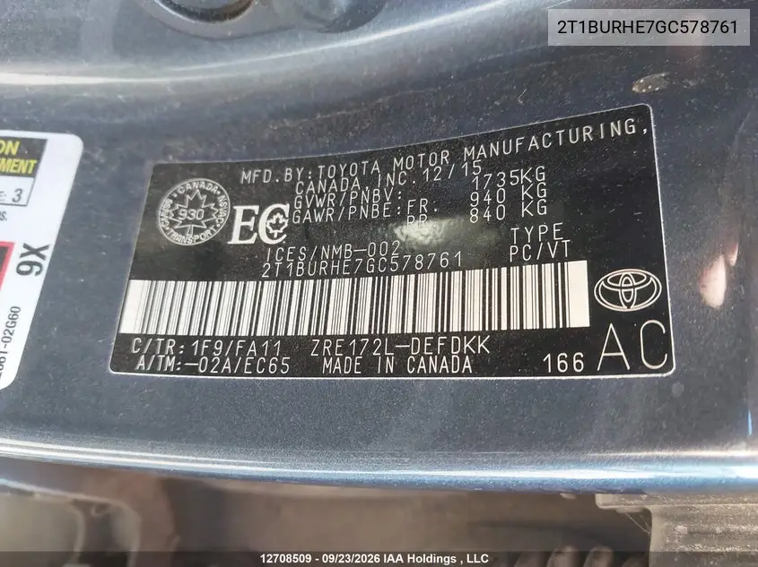 2016 TOYOTA COROLLA VIN 2T1BURHE7GC578761 — фото 18