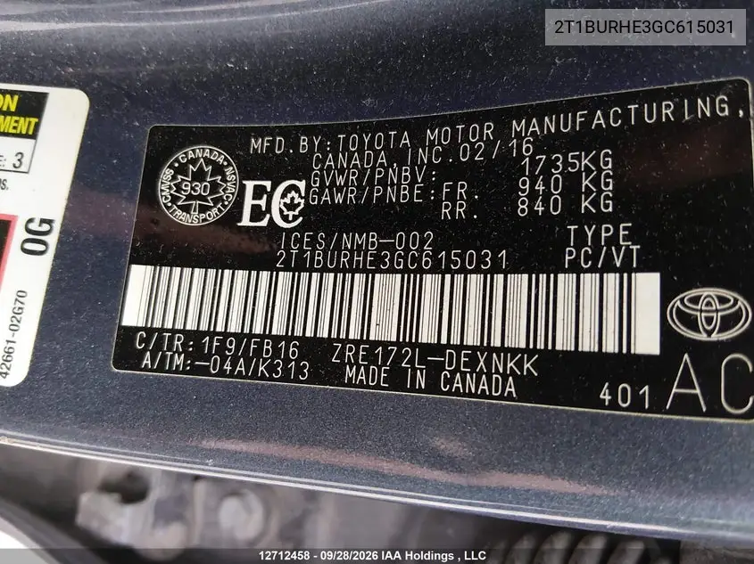 2016 TOYOTA COROLLA VIN 2T1BURHE3GC615031 — фото 9