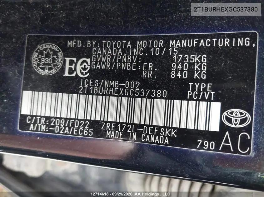 2016 TOYOTA COROLLA VIN 2T1BURHEXGC537380 — фото 9