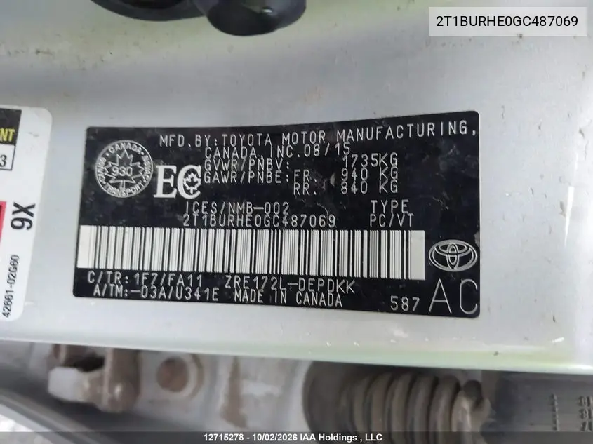 2016 TOYOTA COROLLA VIN 2T1BURHE0GC487069 — фото 9