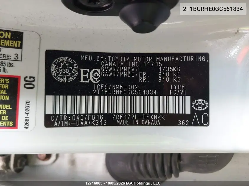 2016 TOYOTA COROLLA VIN 2T1BURHE0GC561834 — фото 20