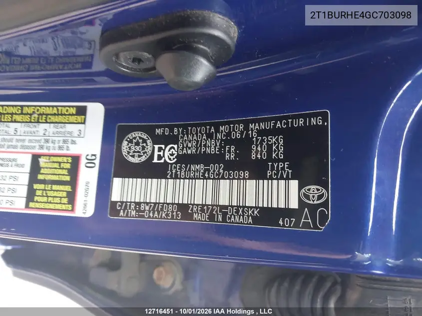 2016 TOYOTA COROLLA VIN 2T1BURHE4GC703098 — фото 9