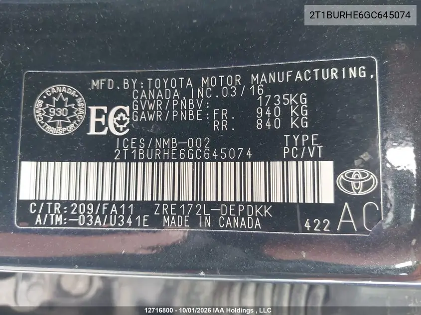 2016 TOYOTA COROLLA VIN 2T1BURHE6GC645074 — фото 19