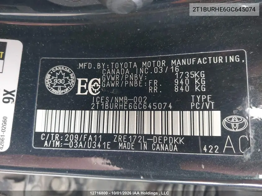 2016 TOYOTA COROLLA VIN 2T1BURHE6GC645074 — фото 9