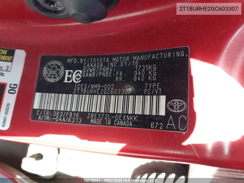 2016 TOYOTA COROLLA VIN 2T1BURHE2GC603307 — фото 18