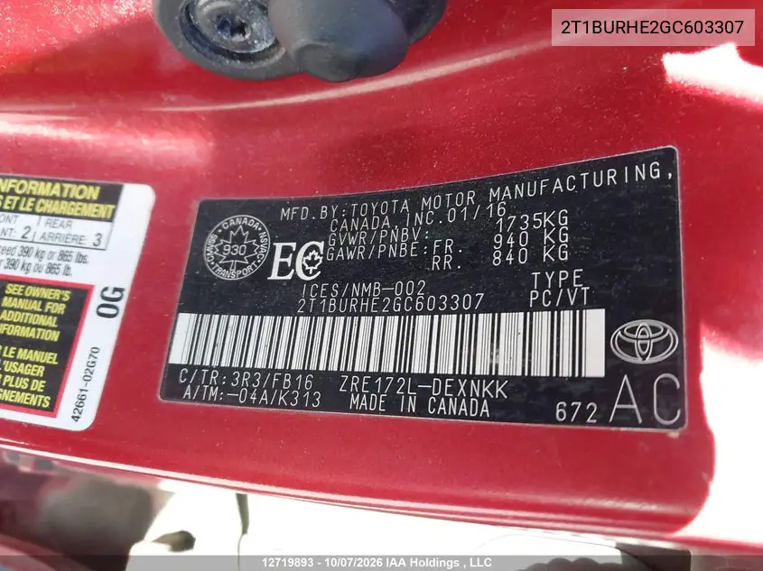 2016 TOYOTA COROLLA VIN 2T1BURHE2GC603307 — фото 9