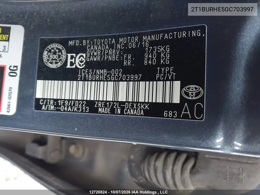 2016 TOYOTA COROLLA VIN 2T1BURHE5GC703997 — фото 9