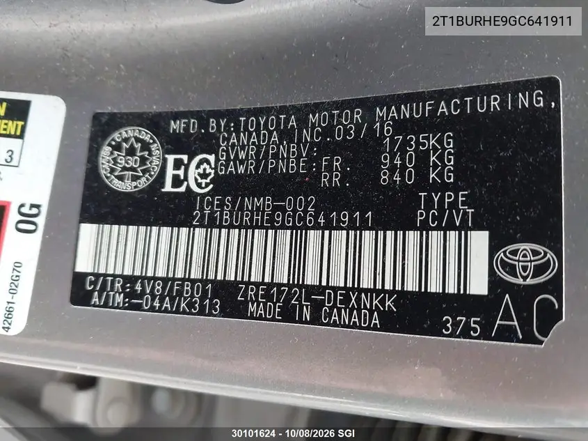2016 TOYOTA COROLLA VIN 2T1BURHE9GC641911 — фото 9