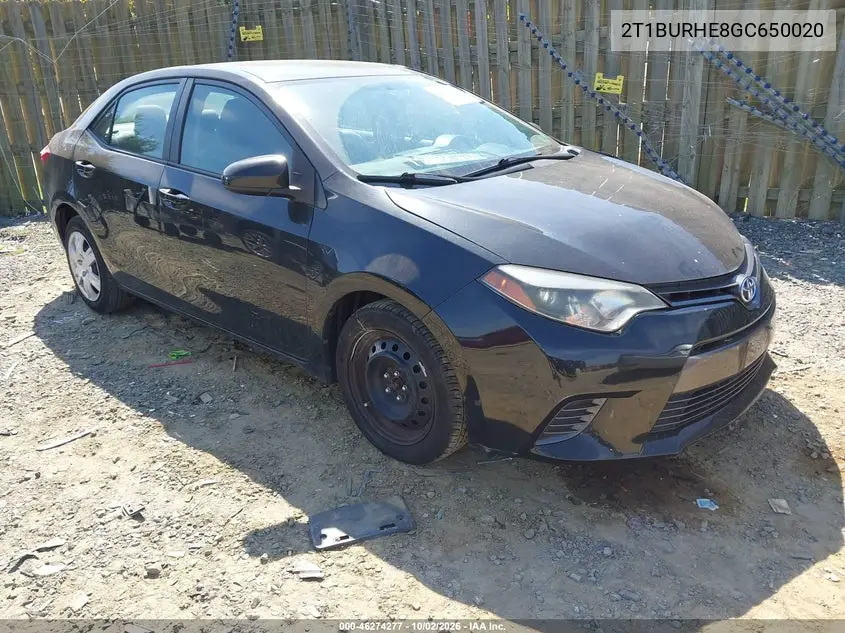 TOYOTA COROLLA 2016, VIN 2T1BURHE8GC650020