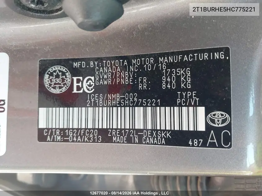 2017 TOYOTA COROLLA VIN 2T1BURHE5HC775221 — фото 9