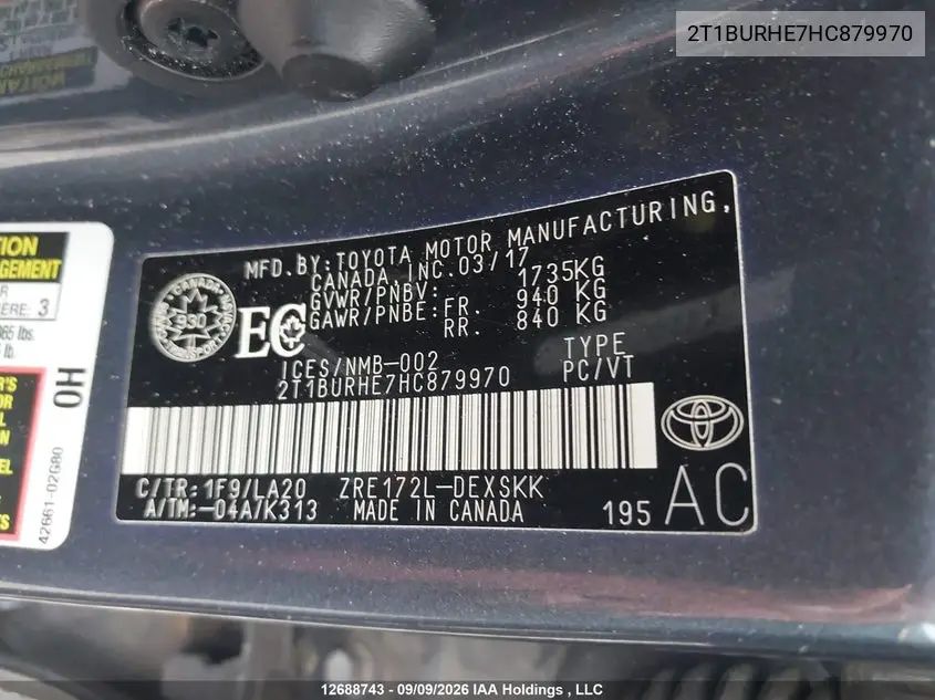2017 TOYOTA COROLLA VIN 2T1BURHE7HC879970 — фото 16