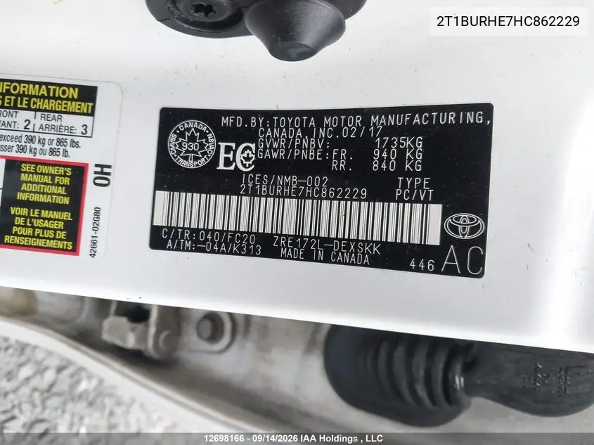 2017 TOYOTA COROLLA VIN 2T1BURHE7HC862229 — фото 22