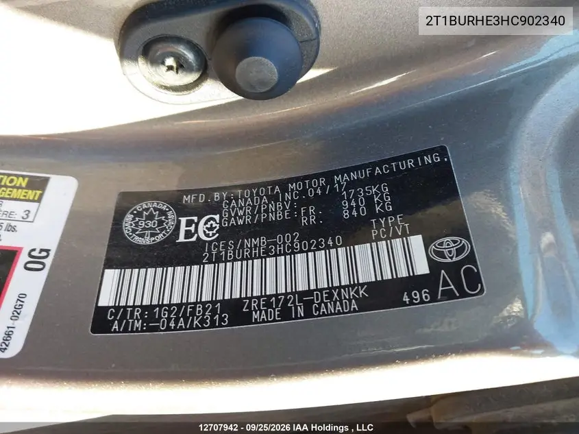 2017 TOYOTA COROLLA VIN 2T1BURHE3HC902340 — фото 19