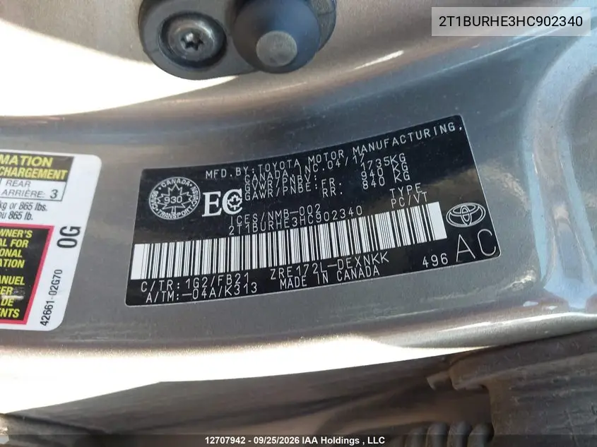 2017 TOYOTA COROLLA VIN 2T1BURHE3HC902340 — фото 9