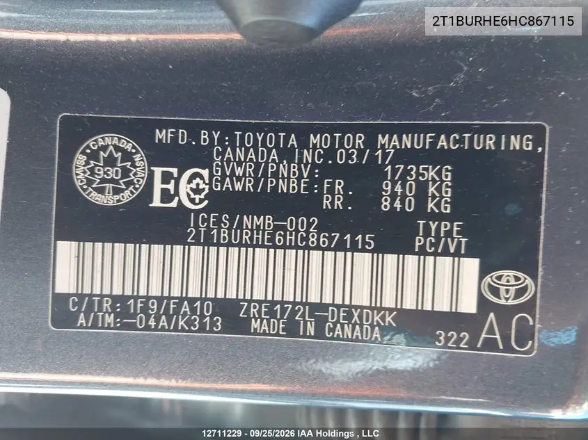 2017 TOYOTA COROLLA VIN 2T1BURHE6HC867115 — фото 9