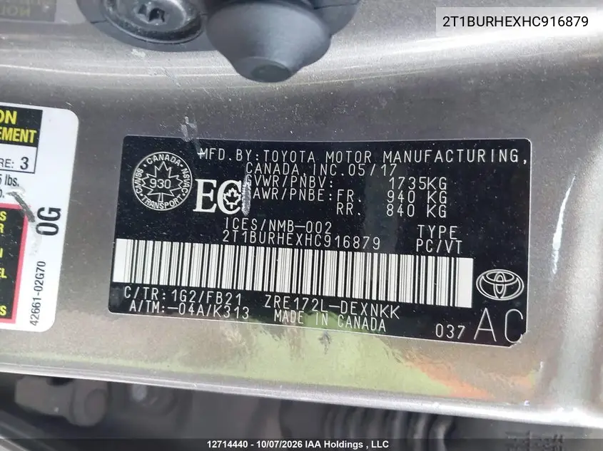 2017 TOYOTA COROLLA VIN 2T1BURHEXHC916879 — фото 9