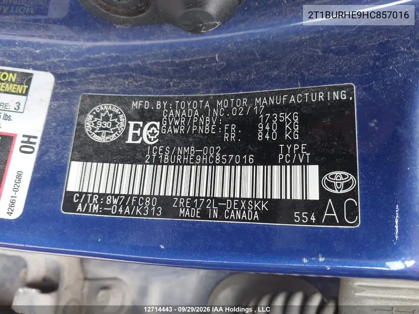 2017 TOYOTA COROLLA VIN 2T1BURHE9HC857016 — фото 19