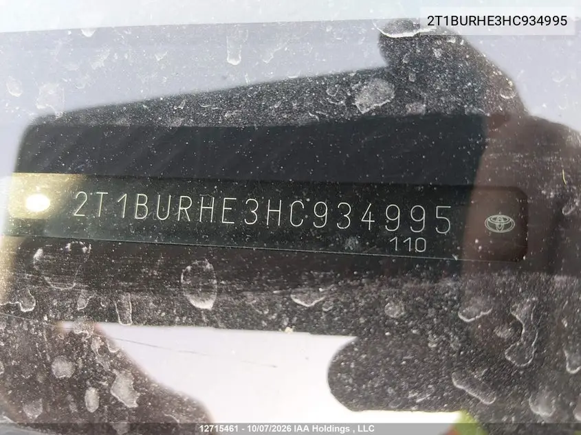 2017 TOYOTA COROLLA VIN 2T1BURHE3HC934995 — фото 18