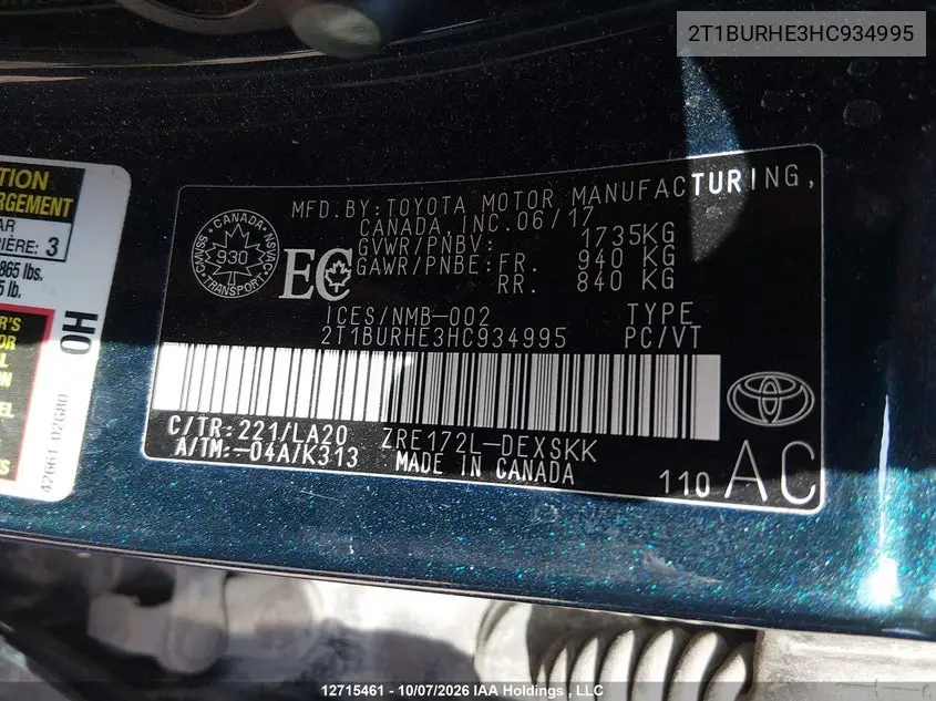 2017 TOYOTA COROLLA VIN 2T1BURHE3HC934995 — фото 9