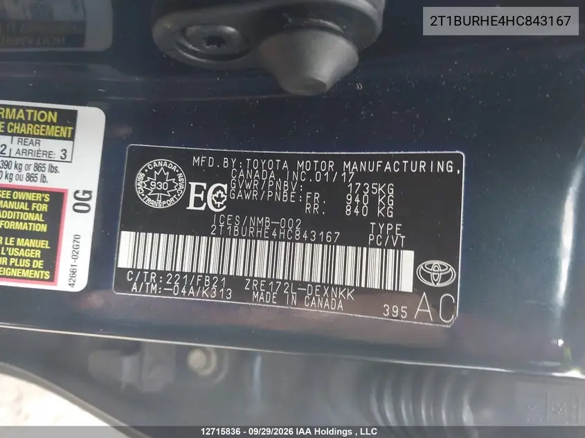 2017 TOYOTA COROLLA VIN 2T1BURHE4HC843167 — фото 9