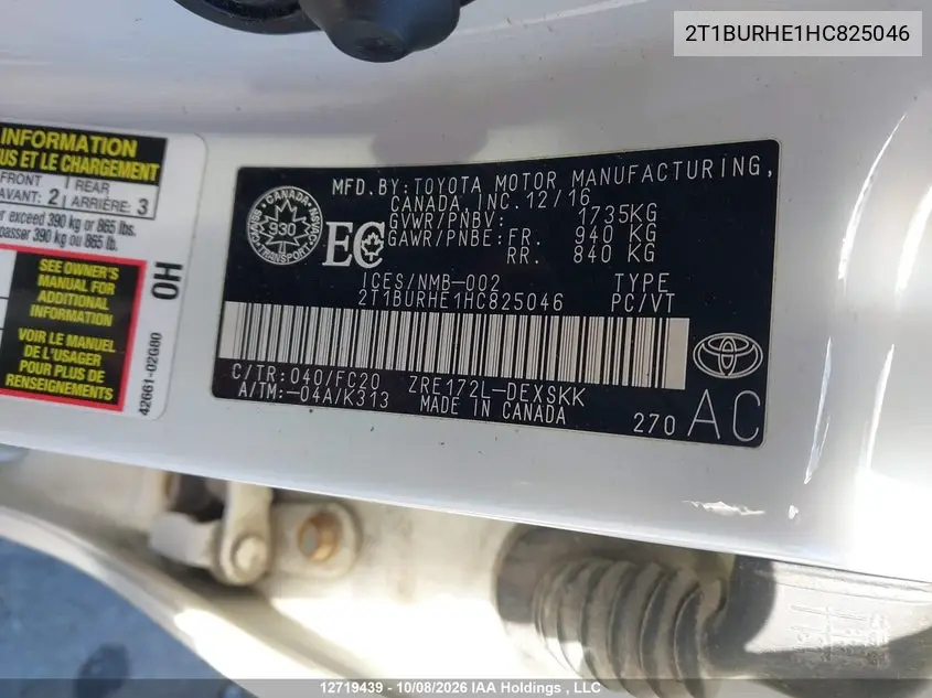 2017 TOYOTA COROLLA VIN 2T1BURHE1HC825046 — фото 9