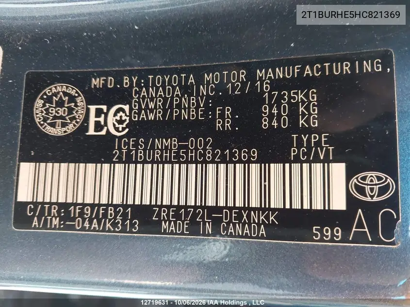 2017 TOYOTA COROLLA VIN 2T1BURHE5HC821369 — фото 9