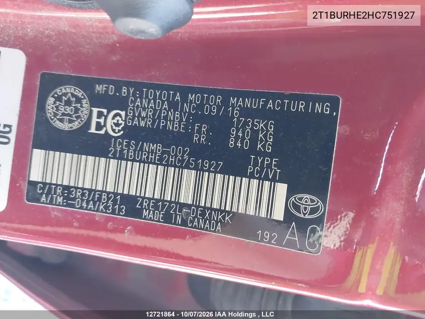 2017 TOYOTA COROLLA VIN 2T1BURHE2HC751927 — фото 9