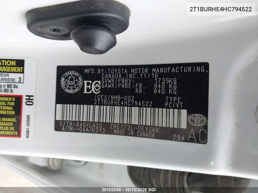 2017 TOYOTA COROLLA VIN 2T1BURHE4HC794522 — фото 9