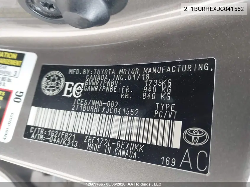 2018 TOYOTA COROLLA VIN 2T1BURHEXJC041552 — фото 19