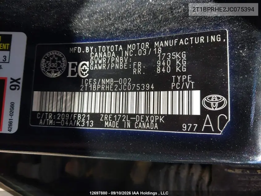 2018 TOYOTA COROLLA VIN 2T1BPRHE2JC075394 — фото 9