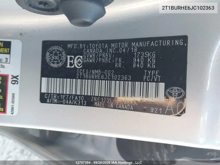 2018 TOYOTA COROLLA VIN 2T1BURHE6JC102363 — фото 18