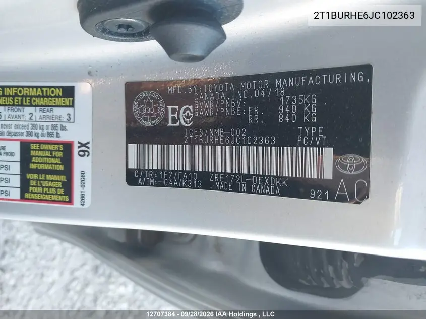 2018 TOYOTA COROLLA VIN 2T1BURHE6JC102363 — фото 9