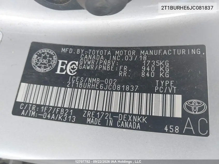 2018 TOYOTA COROLLA VIN 2T1BURHE6JC081837 — фото 18