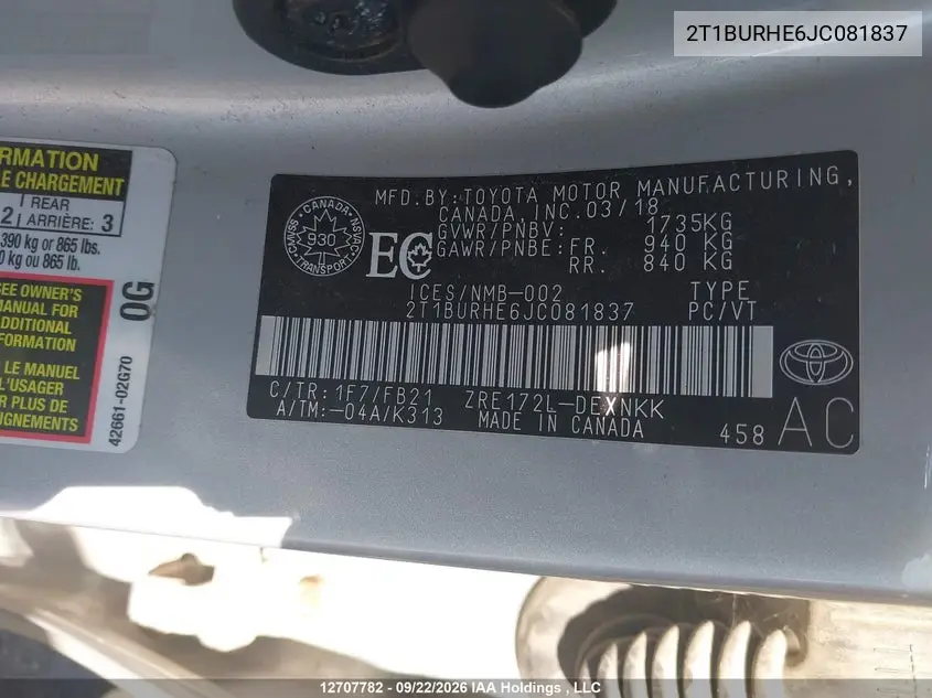 2018 TOYOTA COROLLA VIN 2T1BURHE6JC081837 — фото 9