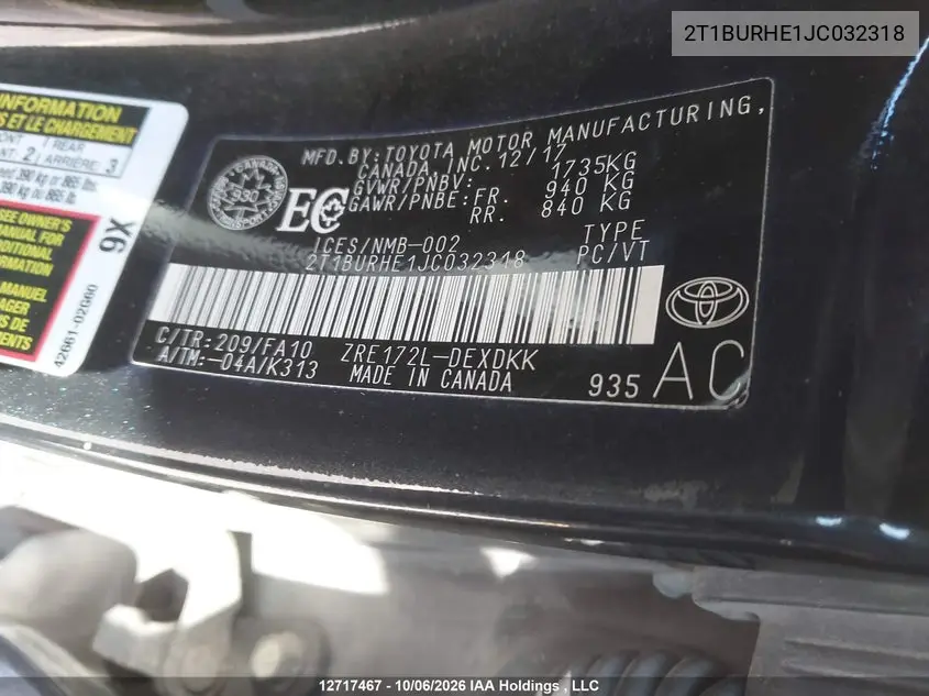 2018 TOYOTA COROLLA VIN 2T1BURHE1JC032318 — фото 19