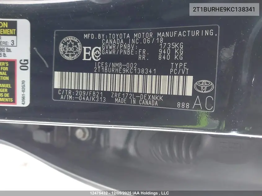 2019 TOYOTA COROLLA VIN 2T1BURHE9KC138341 — фото 18
