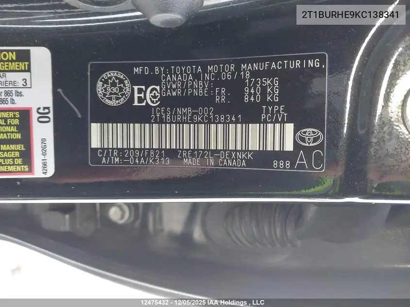 2019 TOYOTA COROLLA VIN 2T1BURHE9KC138341 — фото 9