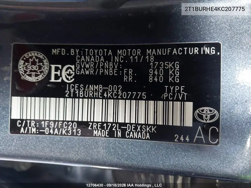 2019 TOYOTA COROLLA VIN 2T1BURHE4KC207775 — фото 9