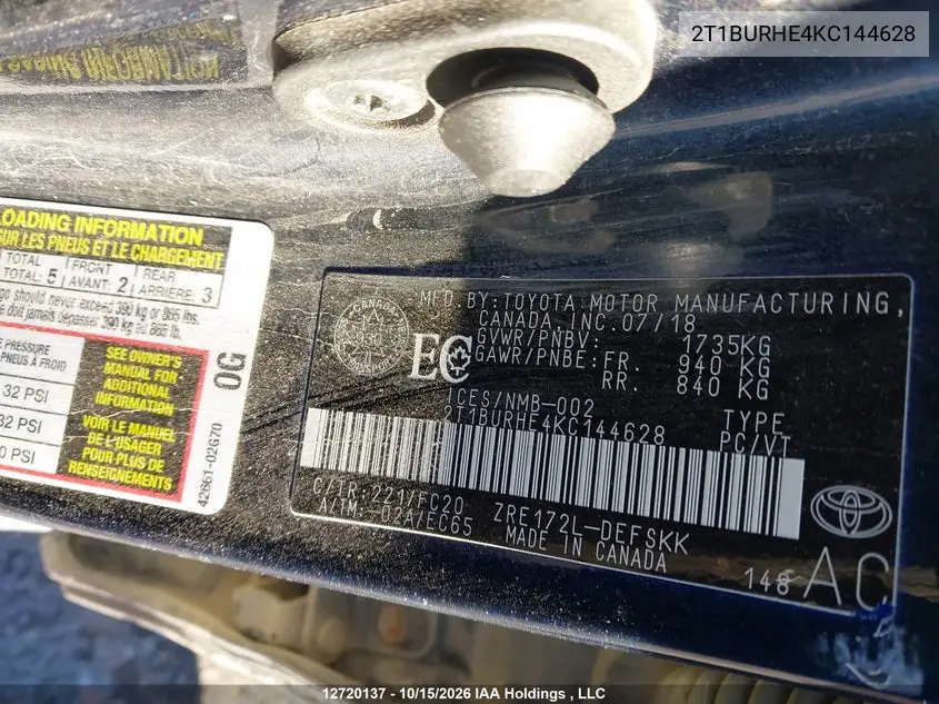 2019 TOYOTA COROLLA VIN 2T1BURHE4KC144628 — фото 19