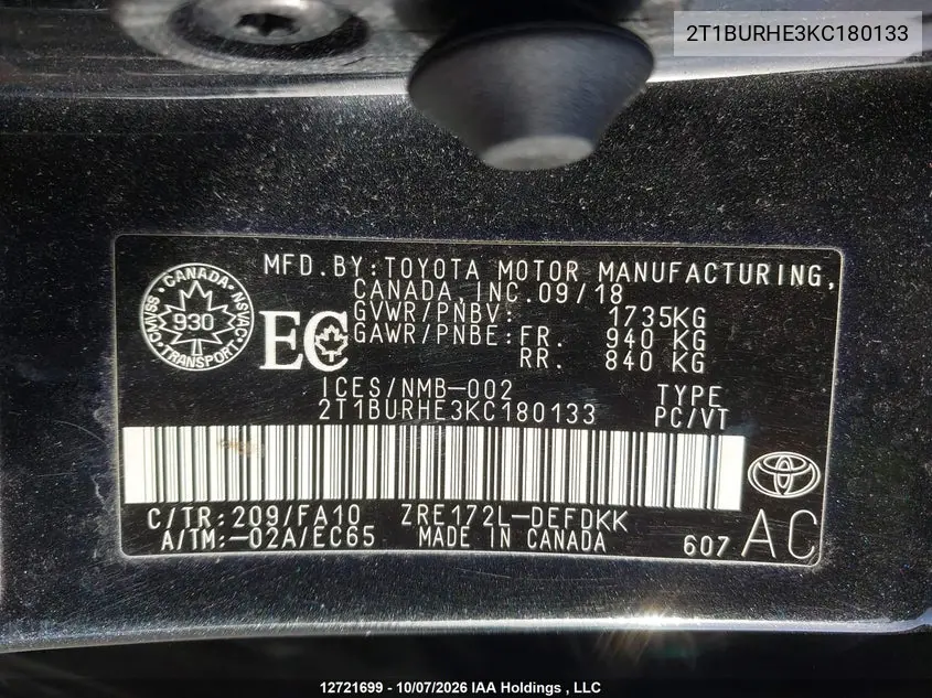 2019 TOYOTA COROLLA VIN 2T1BURHE3KC180133 — фото 19