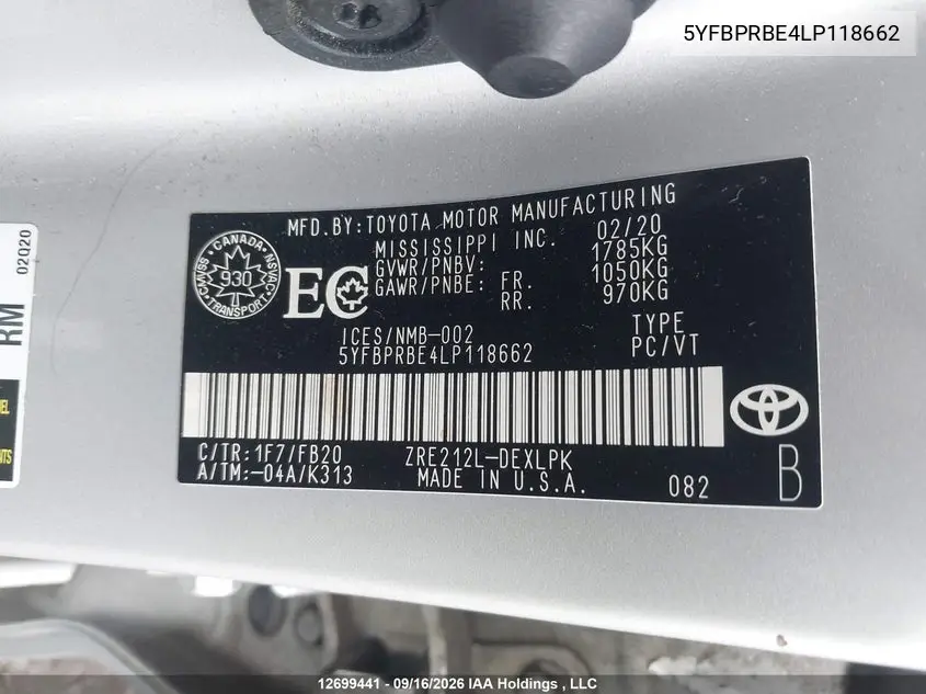 2020 TOYOTA COROLLA VIN 5YFBPRBE4LP118662 — фото 18