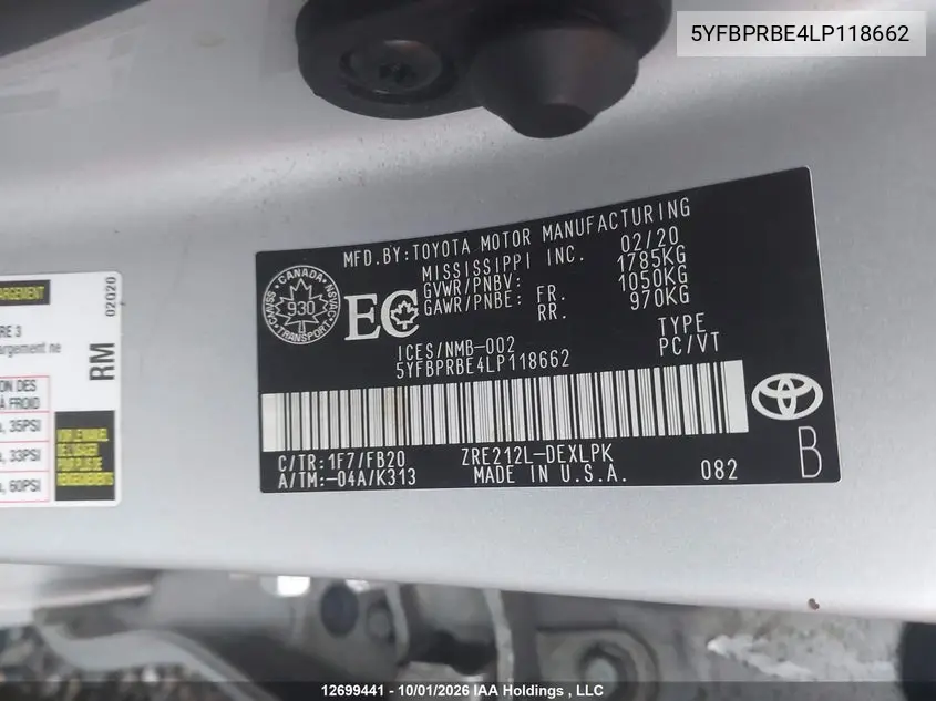 2020 TOYOTA COROLLA VIN 5YFBPRBE4LP118662 — фото 22