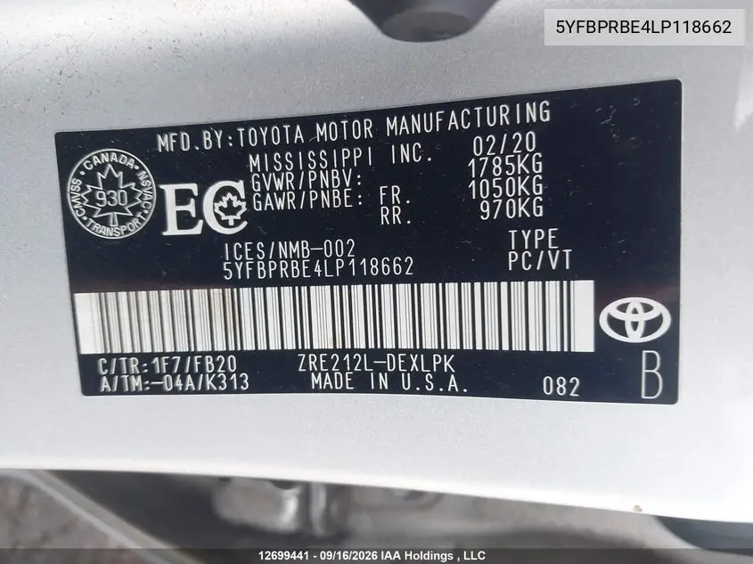 2020 TOYOTA COROLLA VIN 5YFBPRBE4LP118662 — фото 9