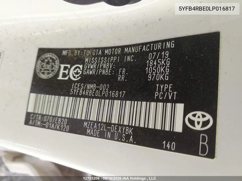 2020 TOYOTA COROLLA VIN 5YFB4RBE0LP016817 — фото 18