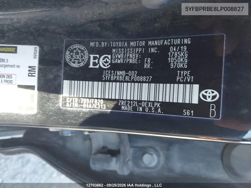 2020 TOYOTA COROLLA VIN 5YFBPRBE8LP008827 — фото 9