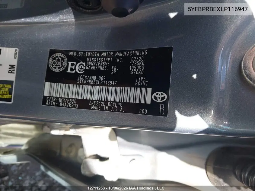 2020 TOYOTA COROLLA VIN 5YFBPRBEXLP116947 — фото 9