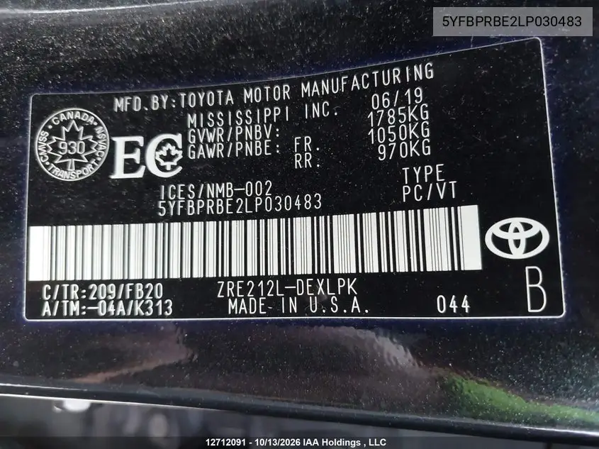 2020 TOYOTA COROLLA VIN 5YFBPRBE2LP030483 — фото 9