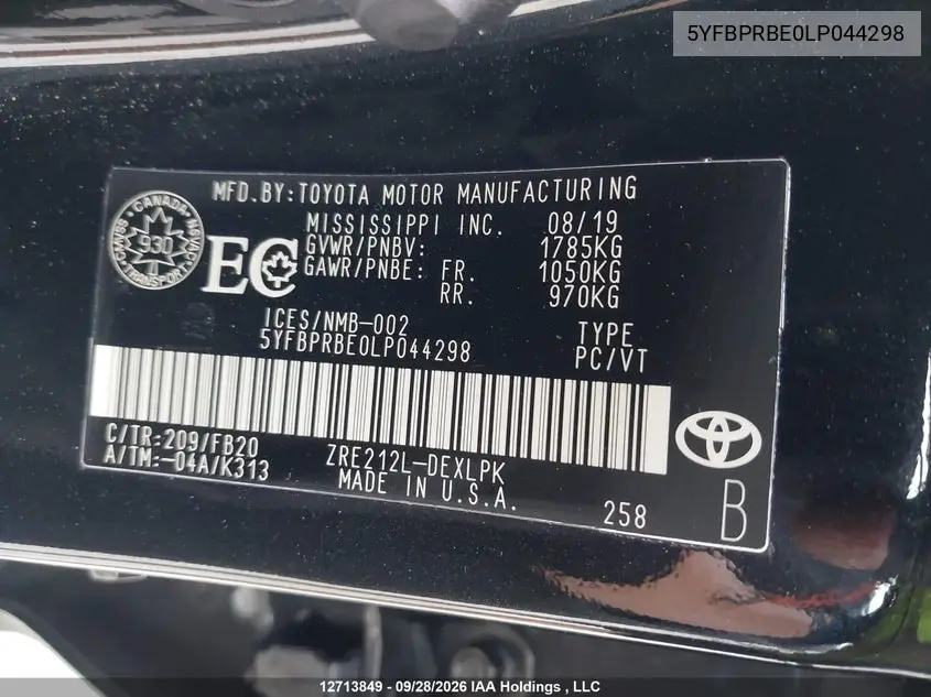 2020 TOYOTA COROLLA VIN 5YFBPRBE0LP044298 — фото 9
