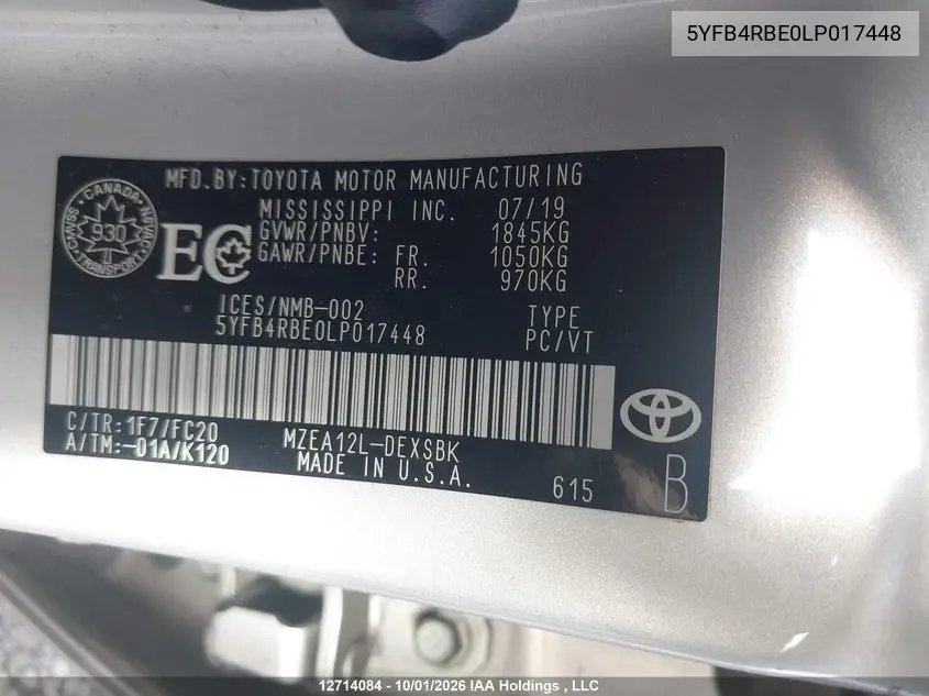 2020 TOYOTA COROLLA VIN 5YFB4RBE0LP017448 — фото 9