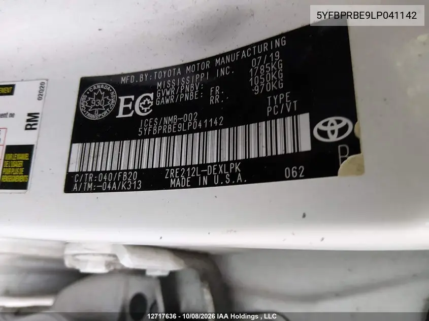 2020 TOYOTA COROLLA VIN 5YFBPRBE9LP041142 — фото 9